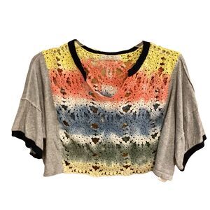 Free People We The Free Joshua Crochet Oversized Hippie Retro Crop Tee Sz Small